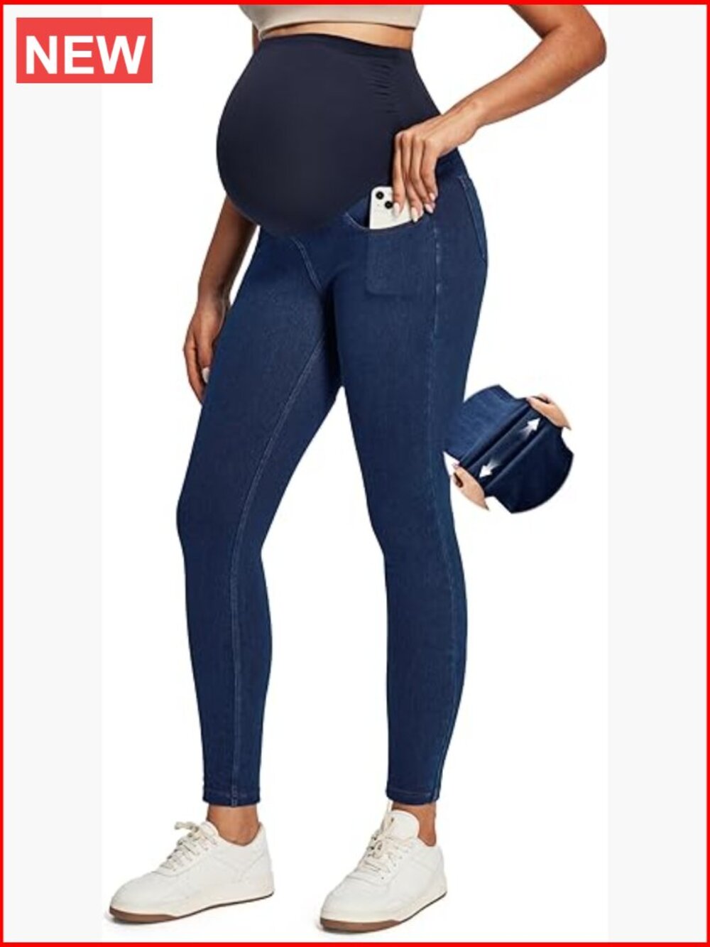 Stretchy Maternity Jeans Over Belly Skinny High Waisted with Pockets